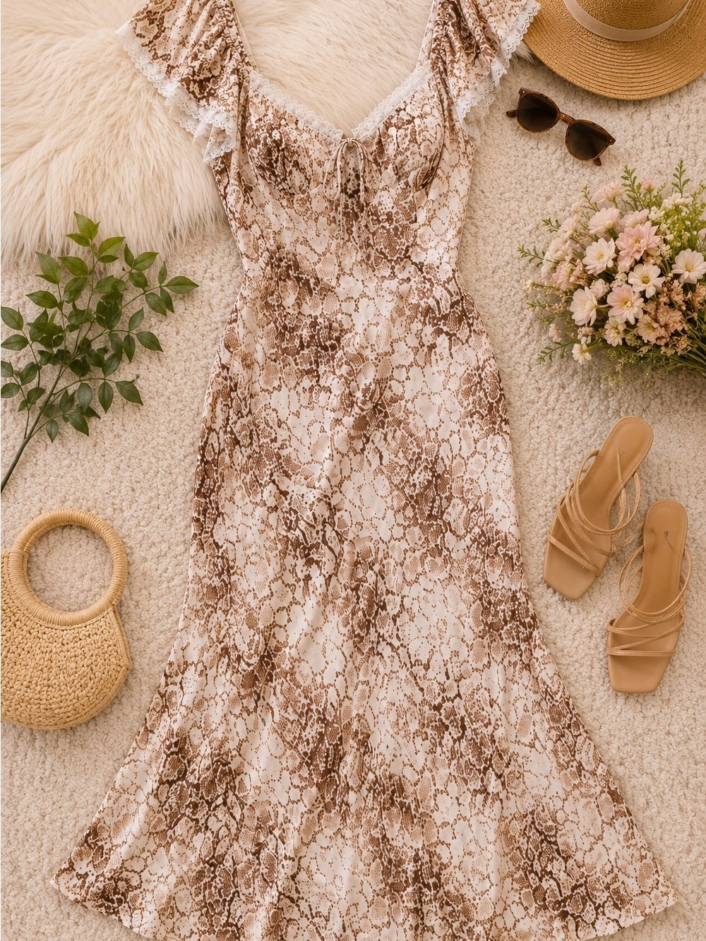 WAYF Lace-Trim Brown Python Maxi Dress Size XS NWT